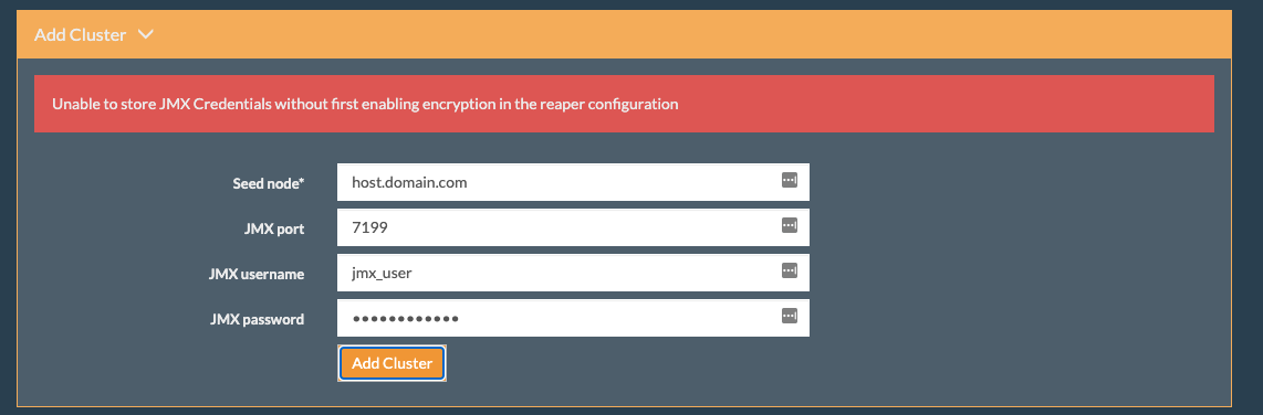 Add cluster with JMX credentials